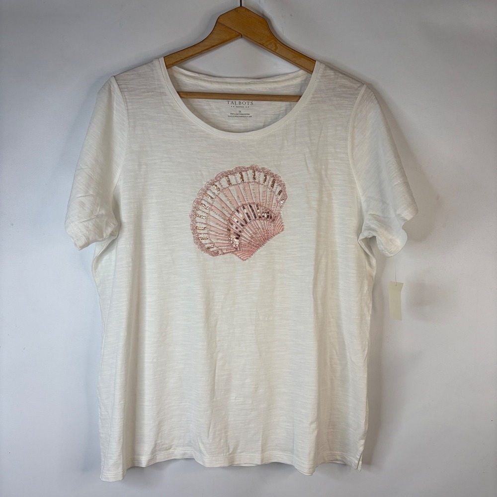 Talbots T-Shirt Women 1X White Seashell Sequin Embroidered Slub Knit Tee